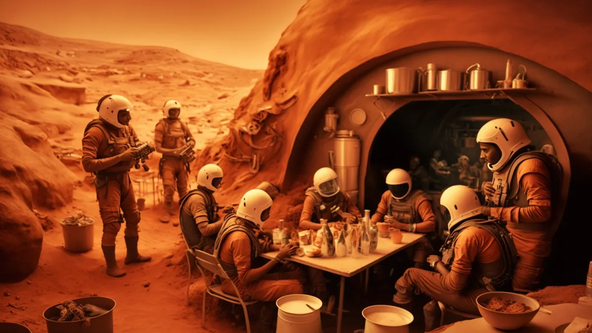 Mannschaft einer Marskolonie beim gemeinsamen Essen vor dem Habitat