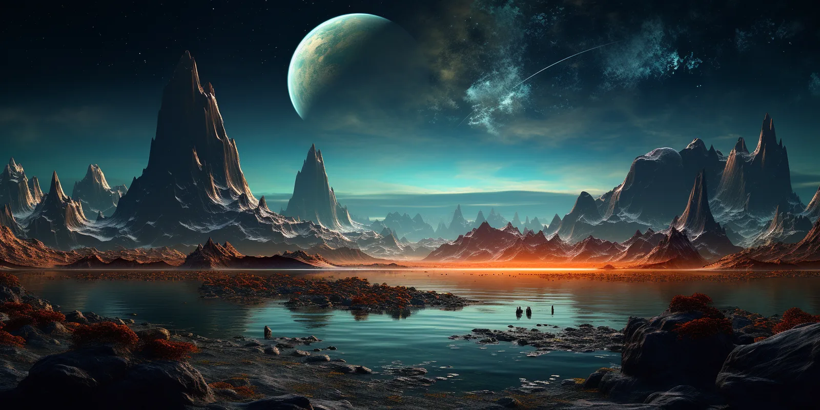 Fremde Welt mit Mond über einer Bergsee-Landschaft