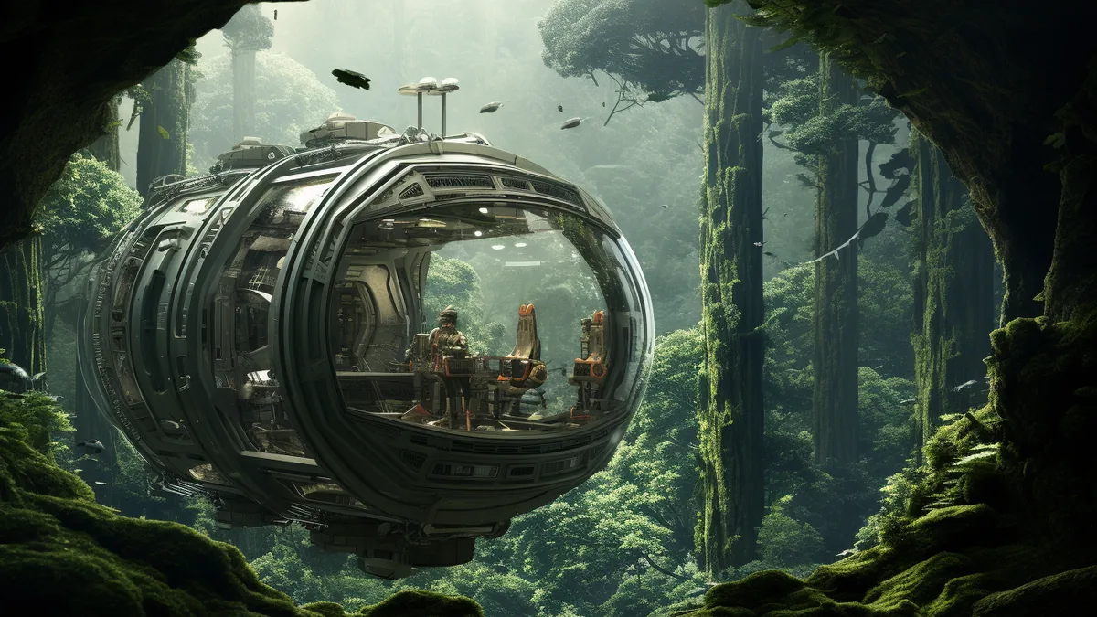 Goldene Sternengeometrie über einer dunklen Science-Fiction-Landschaft